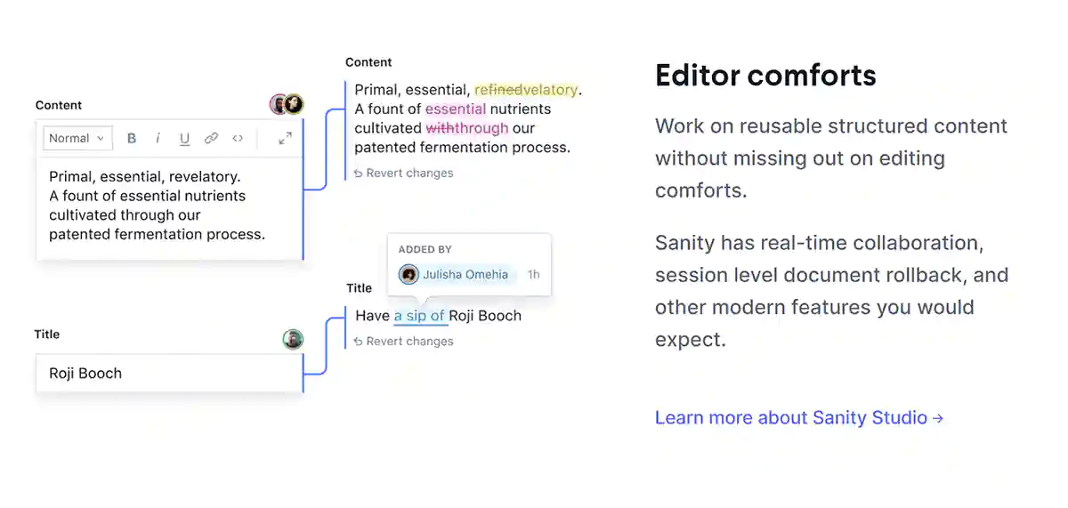 Screenshot of Sanity real-time collaboration editor.