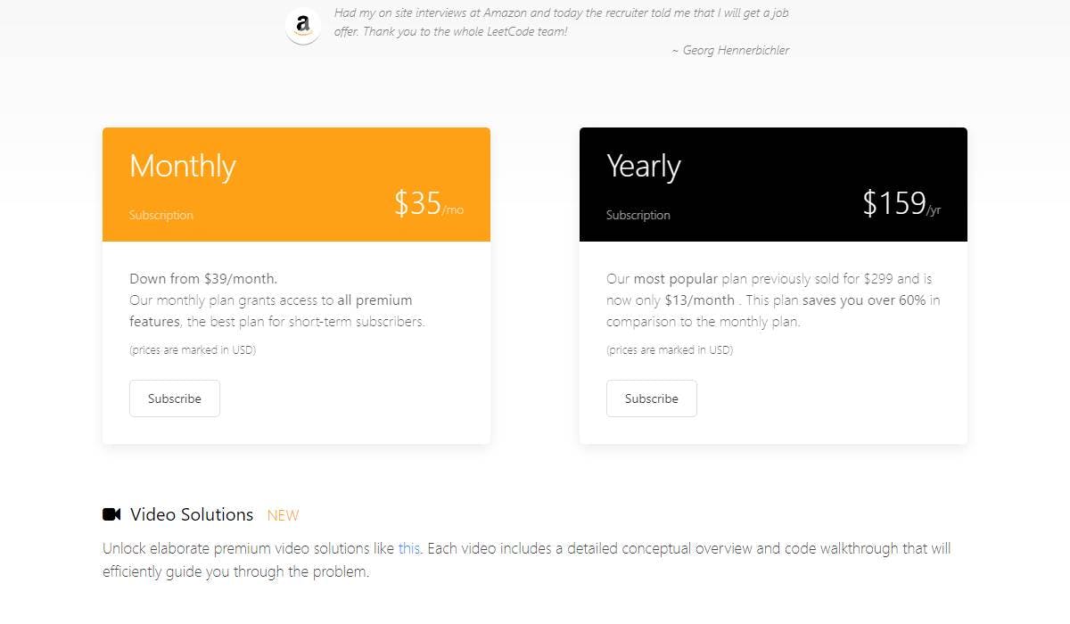 Screenshot of LeetCode pricing page.