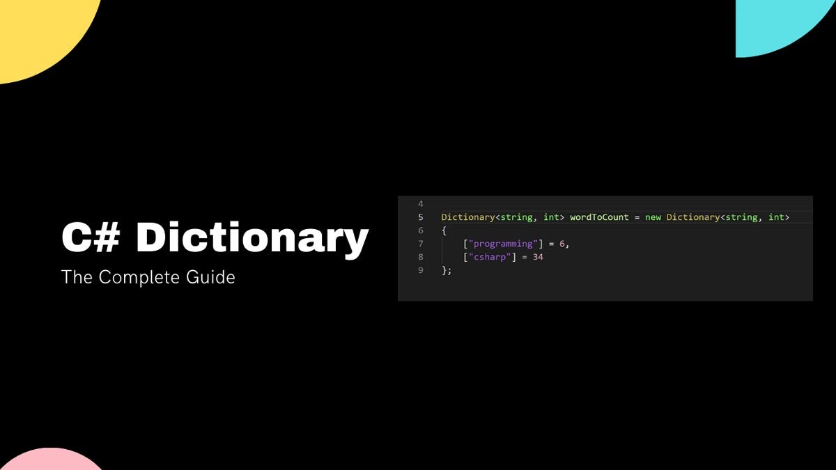 A thumbnail showing C# code. Everything you need to know about C# Dictionary.