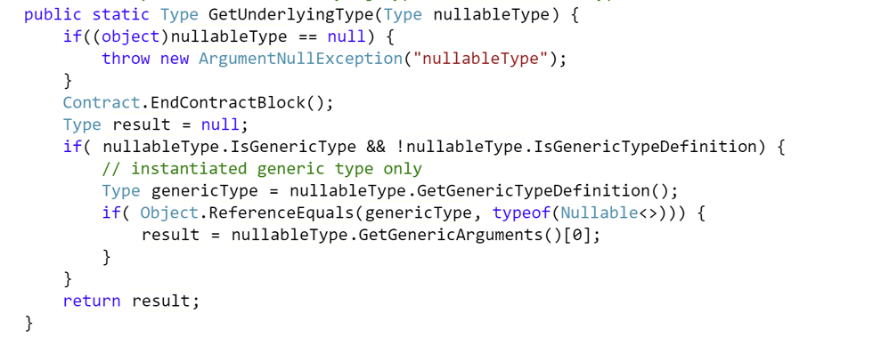 The source code for C# Nullable.GetUnderlyingType method.