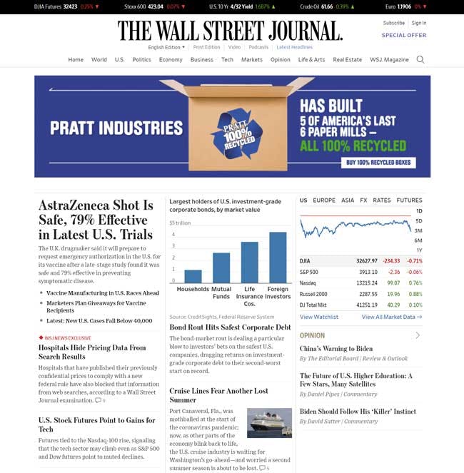 The Wall Street Journal homepage loaded with a big ad in place of the main placeholder.