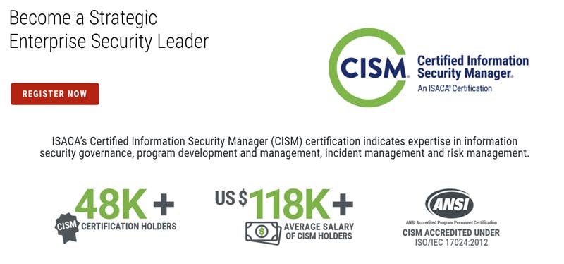 Banner showing features of Certified Information Security Manager (CISM) certification.