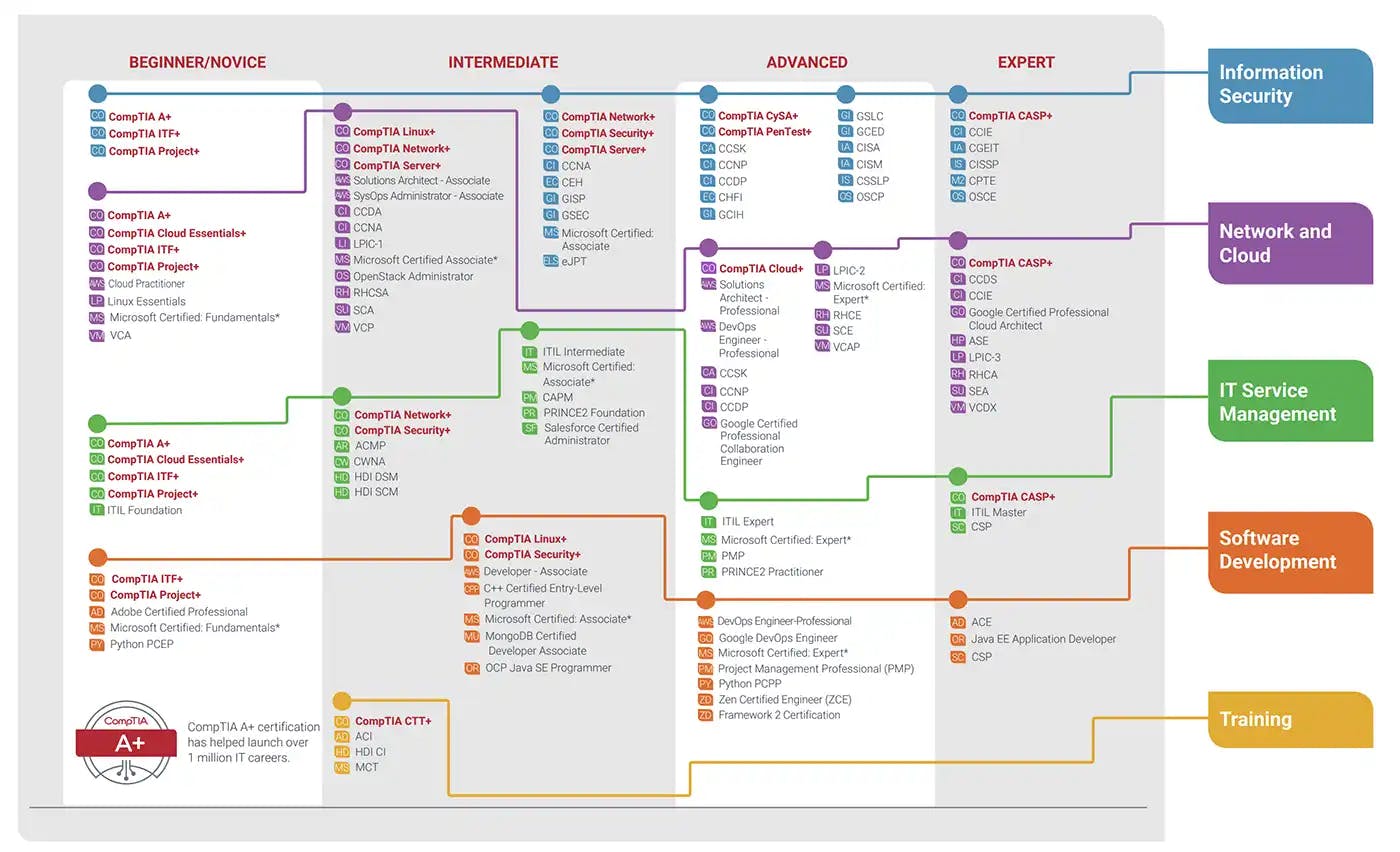 Infographic showing different cybersecurity certification paths and professions.