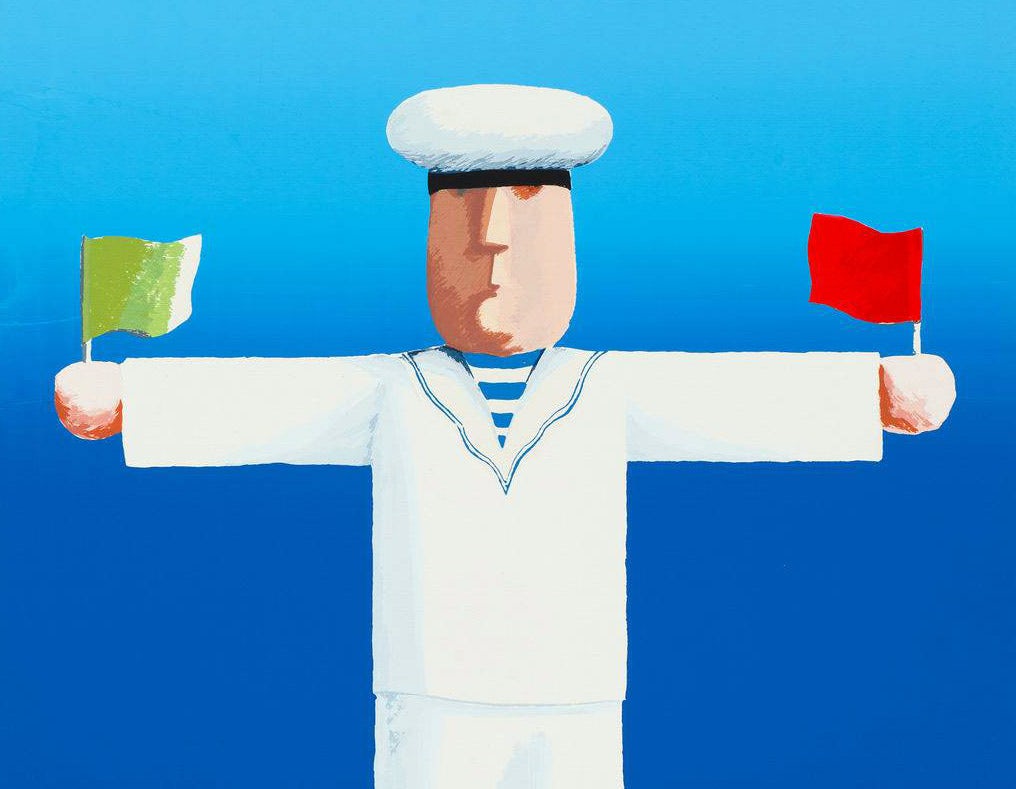A painting of a sailor holding red and green flags.