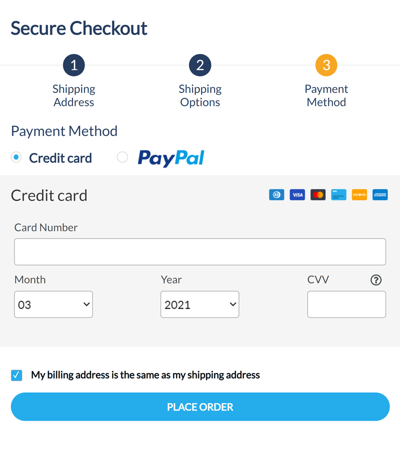 Checkout page with credit card input fields.