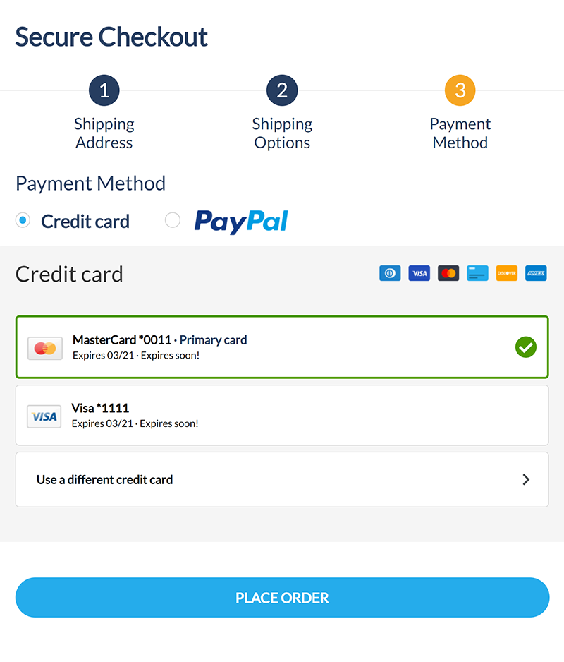 Checkout page with credit card selection.