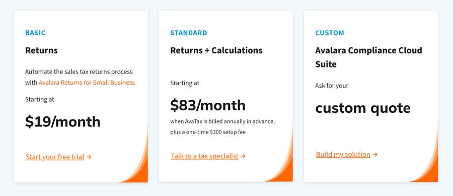 Avalara pricing page screenshot