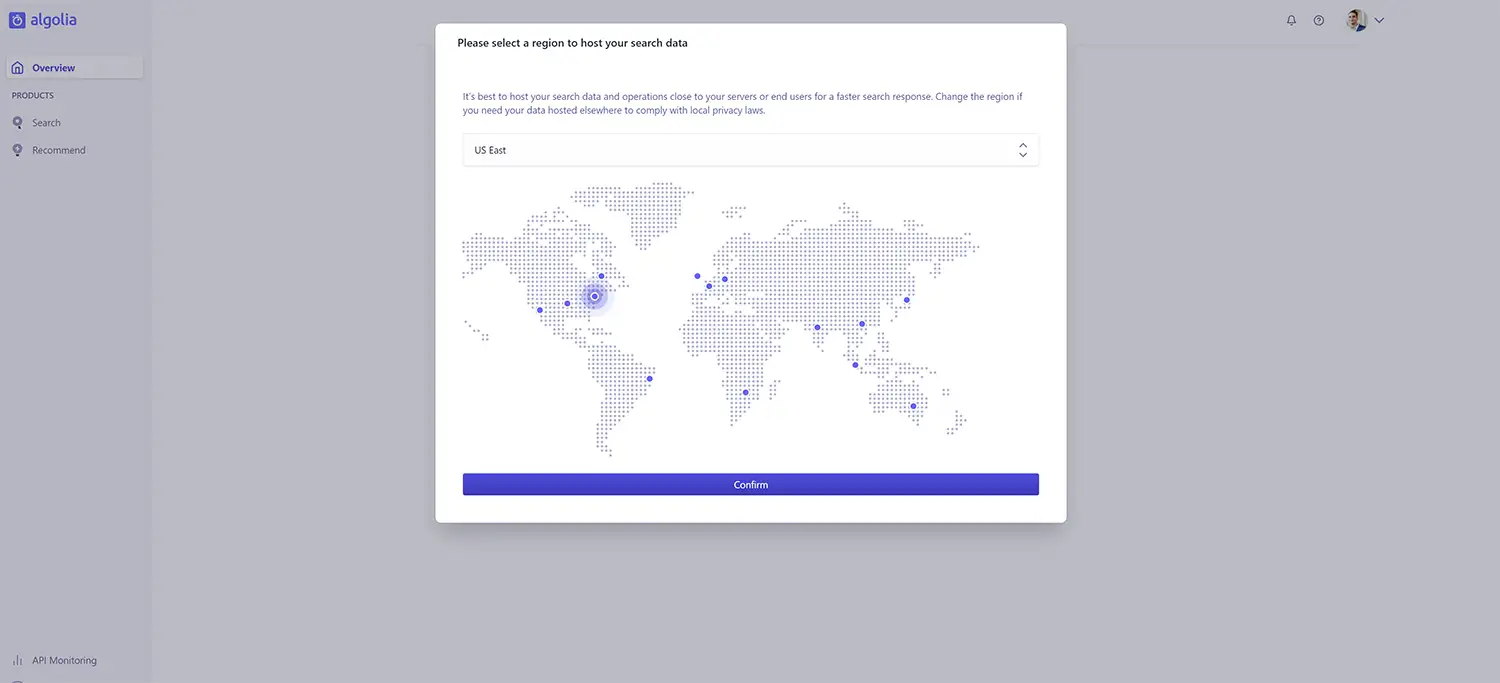 Algolia set up hosting region.