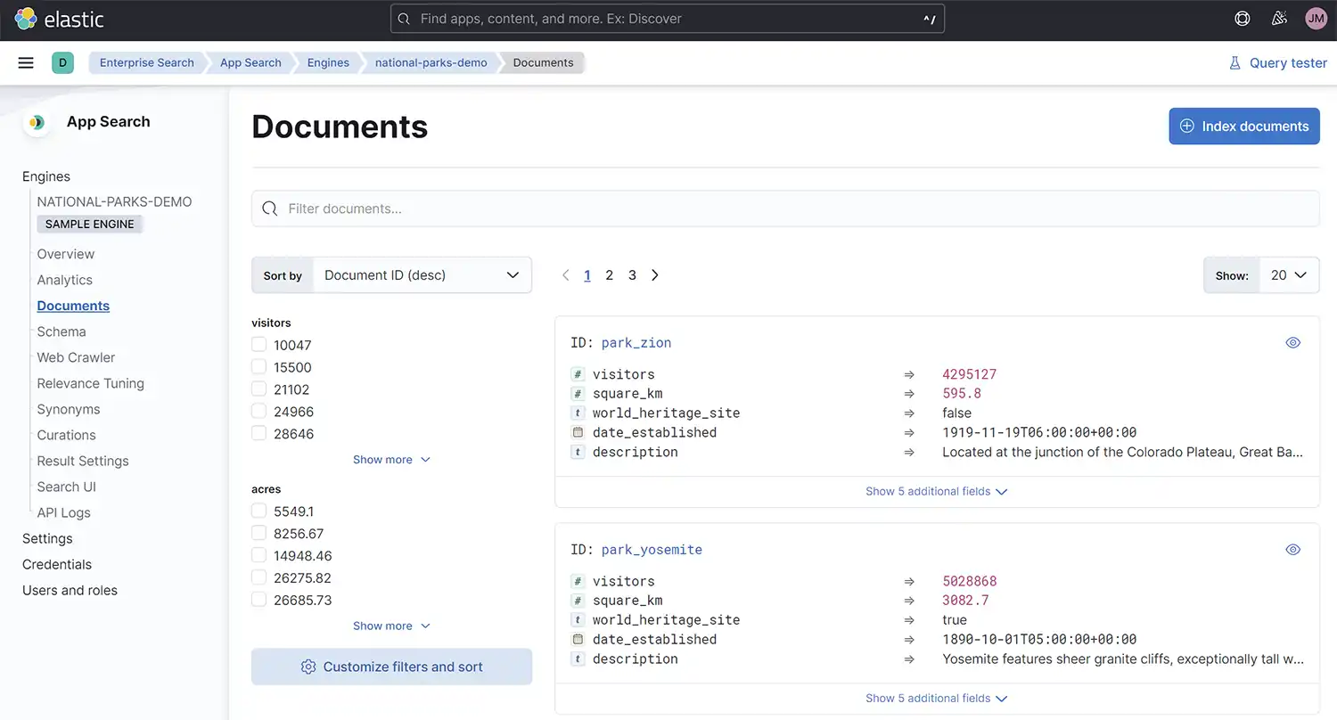 Elasticsearch dashboard.