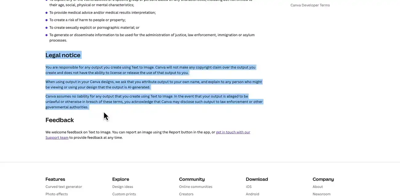 Canva AI Legal Usage Notice