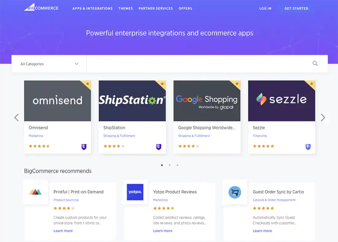 BigCommerce app store website screenshot.