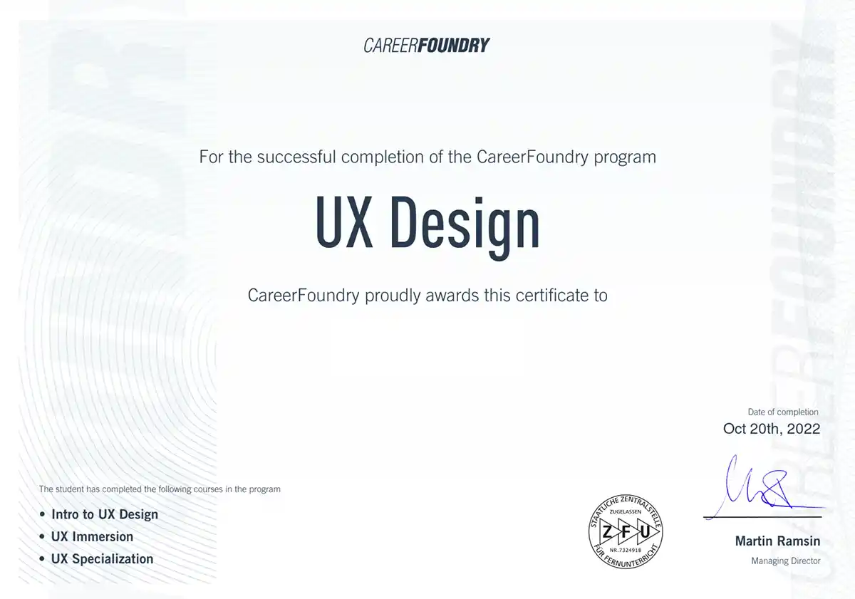 Careerfoundry UX design program certificate