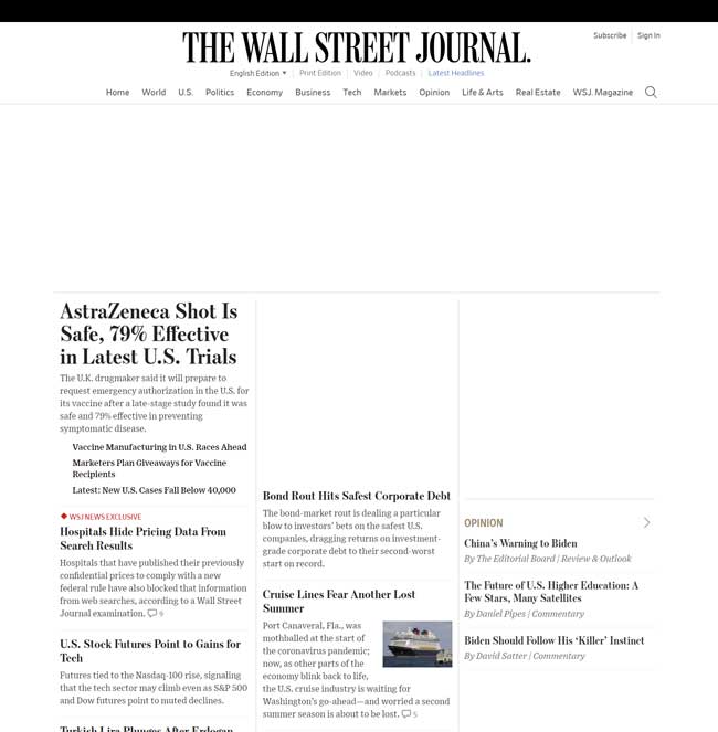 The Wall Street Journal homepage loading. Articles titles are visible, with empty space around.