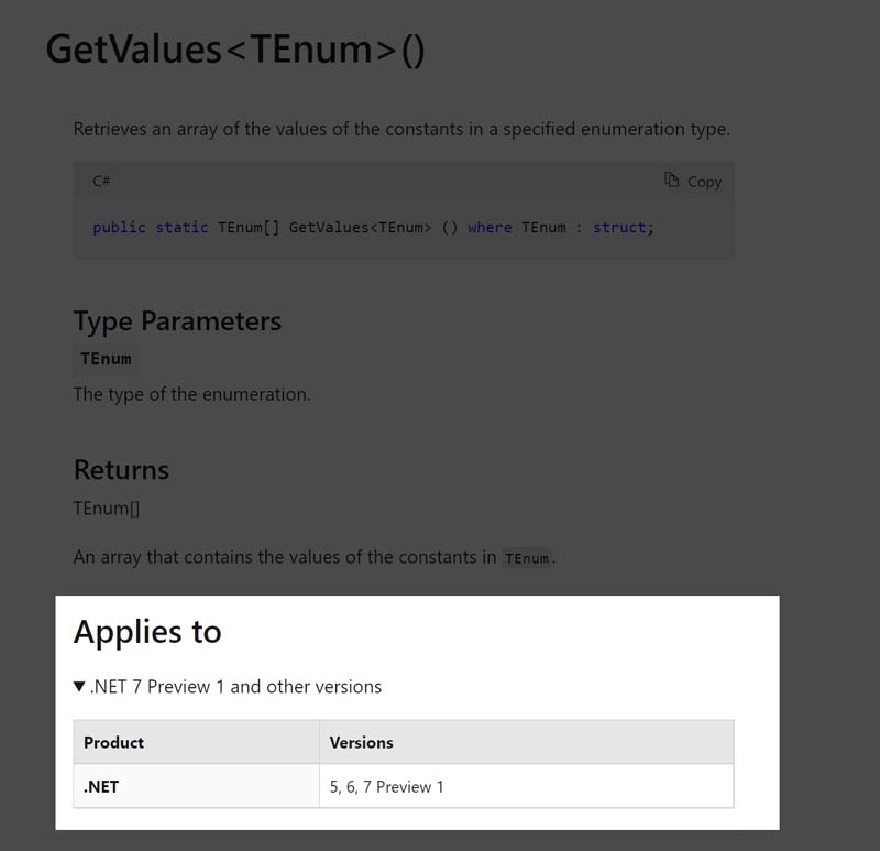 Screenshot of Microsoft documentation showing Enum.GetValues method.