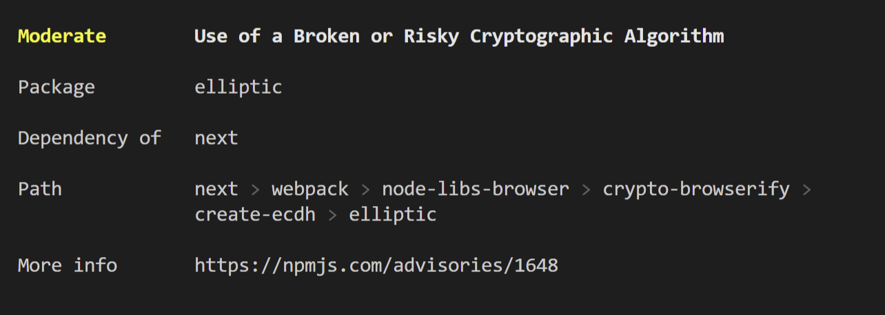 An example of output when running ` npm аудит` command.