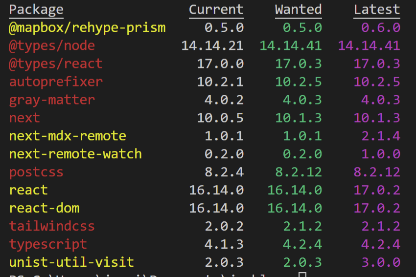 An example of output when running ` Inspekcja npm npm nieaktualna` command.