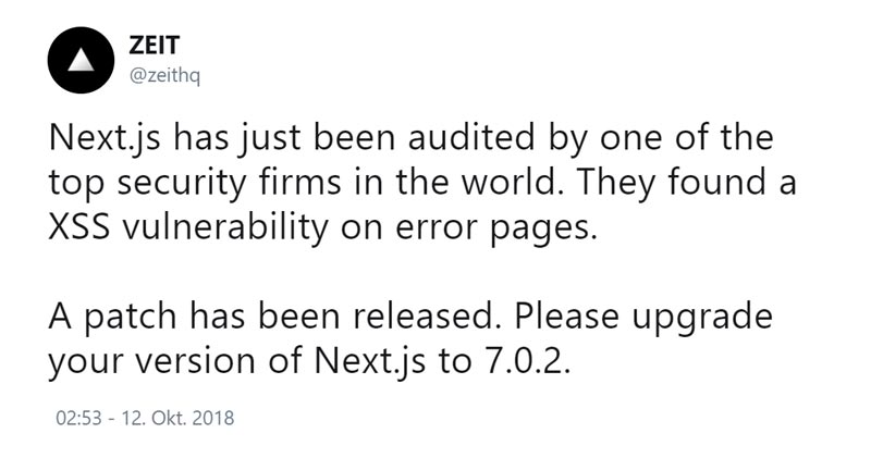 Tweet about Next.js XSS vulnerability.
