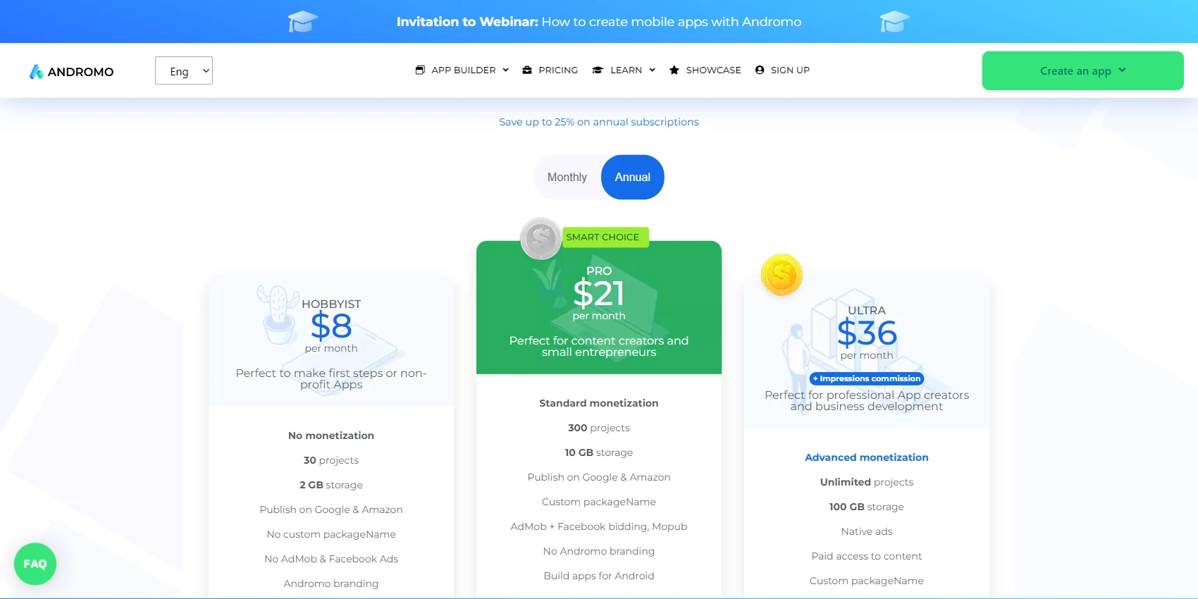 Andromo Pricing Table