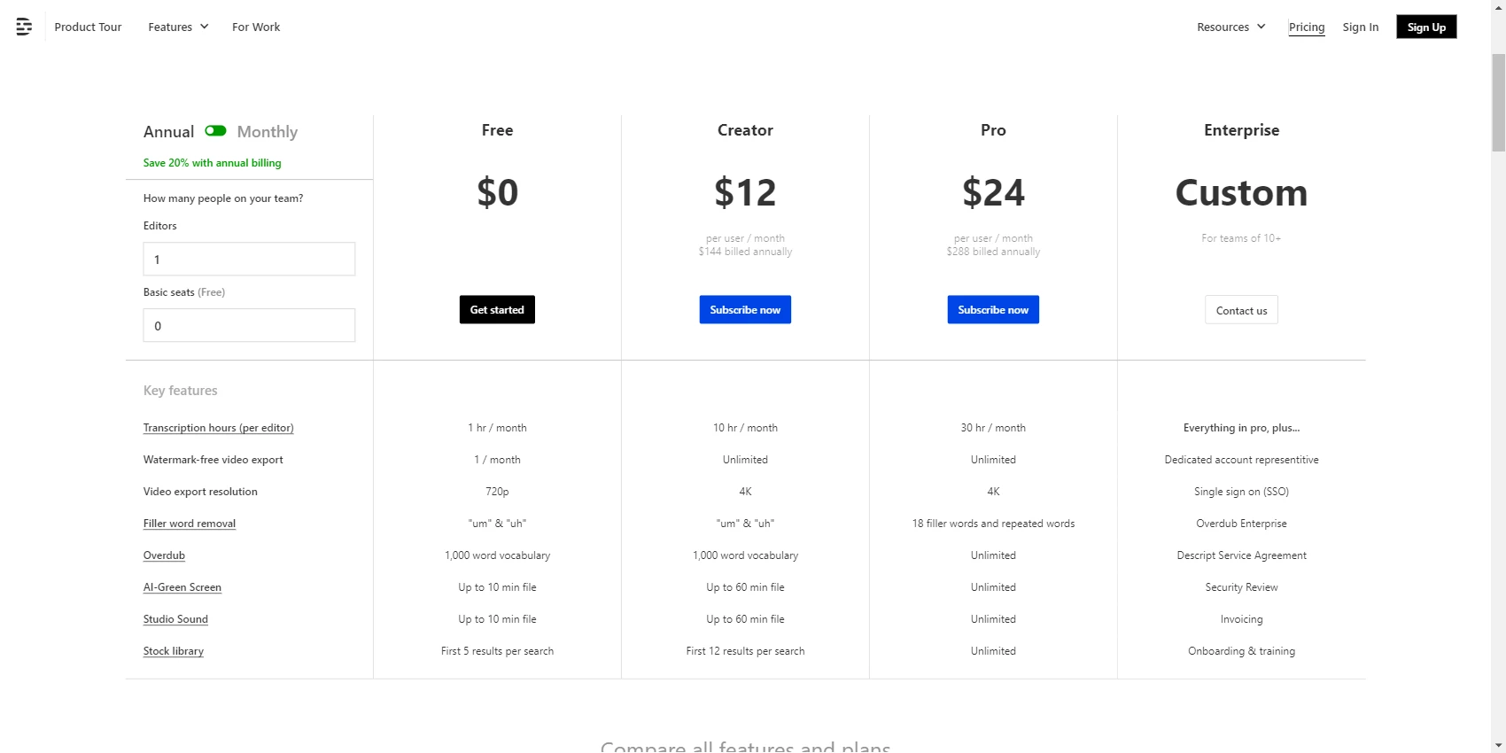 Descript Pricing Table